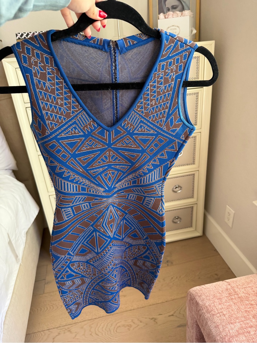 BCBGMaxAzria Blue and Brown Geometric Mini Dress